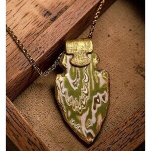 Handmade Green Pink & Gold Polymer Clay Pendant 18" Necklace on SS Cable Chain